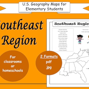 U.S. Geography Maps Arbeitsblätter PRINTALBES für Grundschule ~ Südost region ~ Plus Bonuses ~ DIGITALER Download