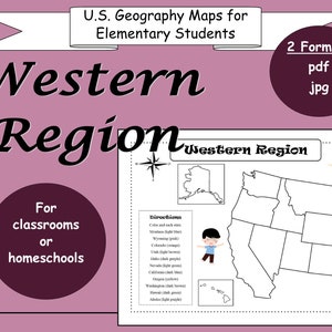 US Geographie Karte Arbeitsblätter zum Ausdrucken für die Grundschule ~ Western Region ~ Plus Boni ~ DIGITALER Download