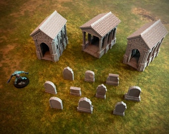 Graveyard Mausoleums + 28mm cemetery headstones wargaming model terrain warhammer horror ttrpg miniature scenery mordheim AoS undead 40k D&D