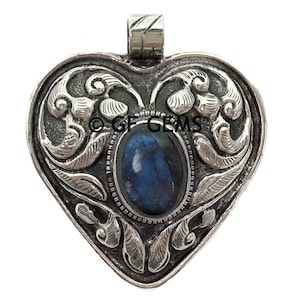 Labradorite Heart Pendant | Tibetan Silver Repousse Pendant | Heart Shaped Pendant | DIY Necklace Pendant | Carved Silver Pendant