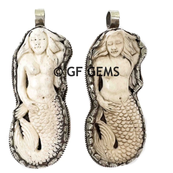 Carved Mermaid Pendant | Tibetan Silver Repousse Pendant | Siren Pendant | Carved Bone Pendant | DIY Necklace Pendant