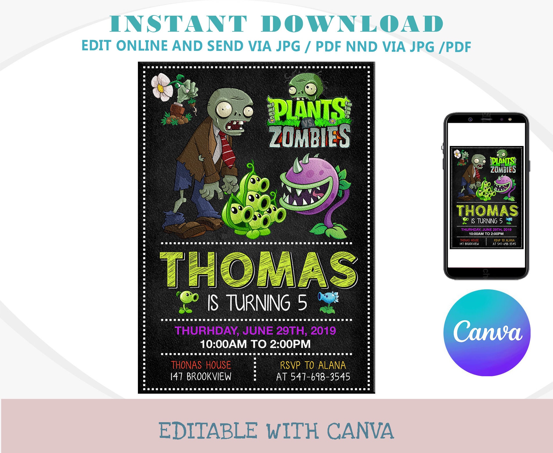 Editable Plants Vs Zombie Birthday Invitation Template - Etsy