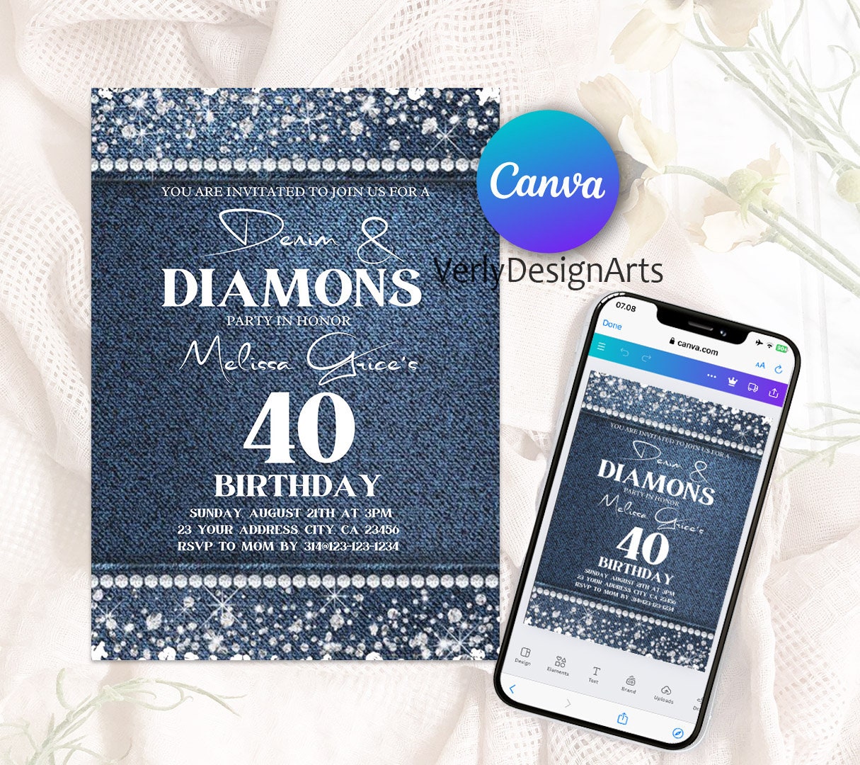 Denim and Diamonds Birthday Invitation Blue Jeans Bling Birthday Invitation Modern Glitter Sparkle Jewels Editable Printable