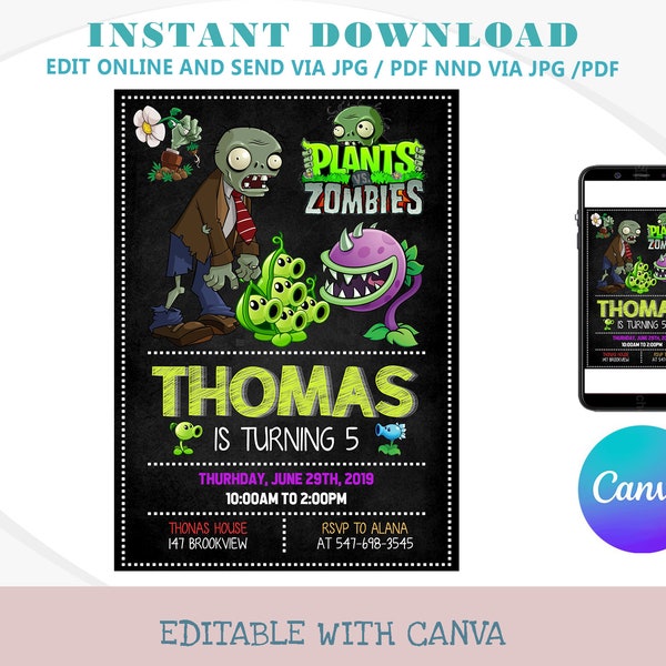 Plants and Zombie Party Invitation, Plants Vs Zombie Invitation, Kids Party Invite, Instant Download Editable Invitation