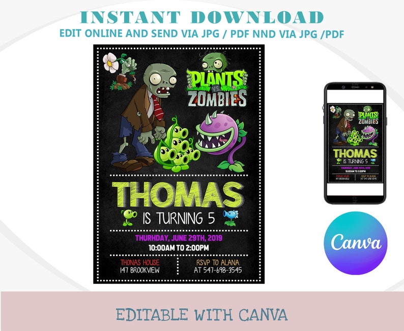 Plants and Zombie Party Invitation, Plants Vs Zombie Invitation, Kids