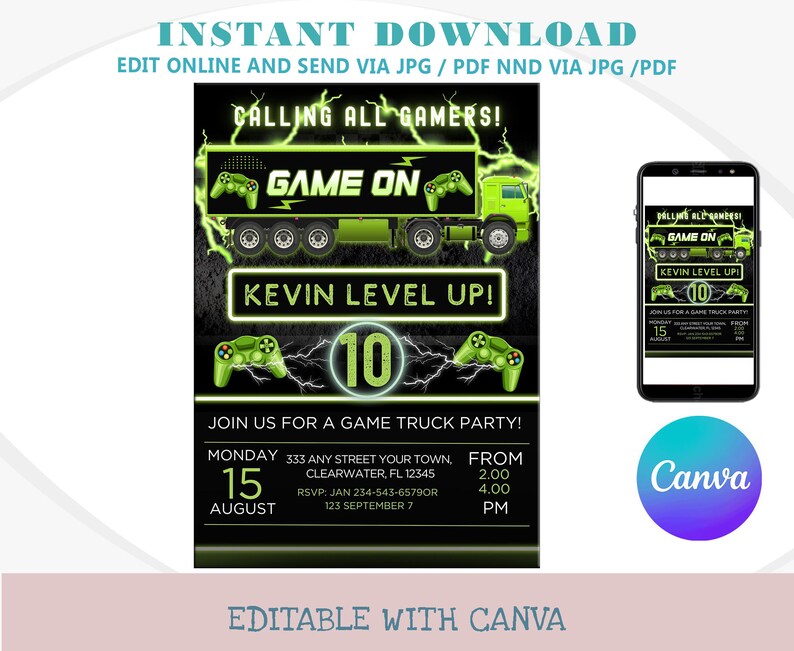 Editable Gamer Truck Party Invitation, Editable Video Game Gaming Bus ...