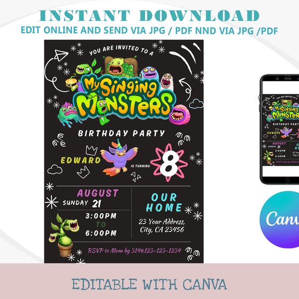 Bearbeitbare My Singing Monsters MSM Regular Monsters, DIGITALE DIY-Einladung, Einladung zur Geburtstagsfeier, Vorlage, Foto-Bild-Download