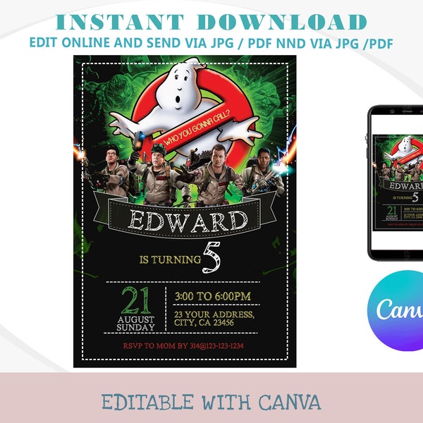 Editable Ghostbusters Invitation - Kids Invite - Kids Digital Invite - Ghostbusters Evite - Printable With Canva - Instant Download