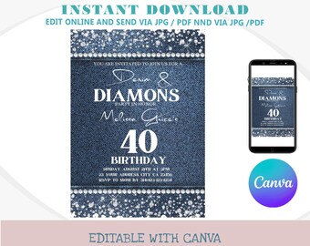 Denim and Diamonds Birthday Diamonds and Denim Blue Jeans and Bling Birthday Sweet Invitation Blue Jeans Glam Printable or Text Invite