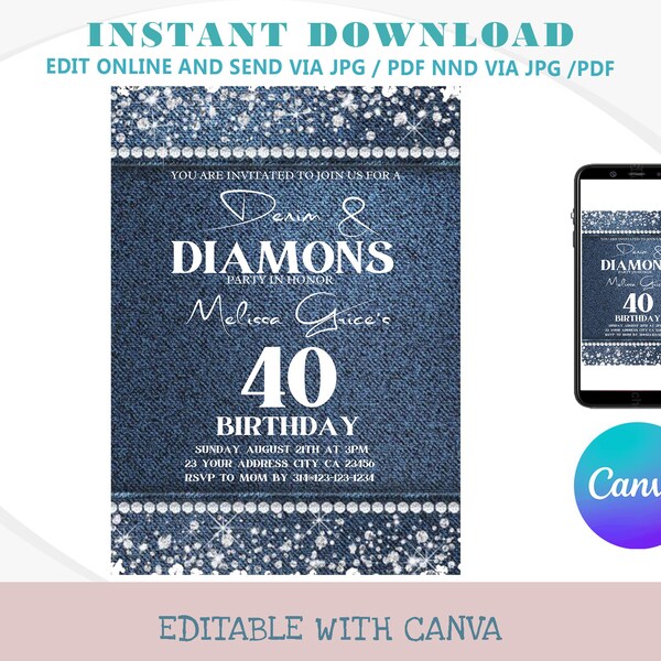 Denim and Diamonds Birthday Diamonds and Denim Blue Jeans and Bling Birthday Sweet Invitation Blue Jeans Glam Printable or Text Invite