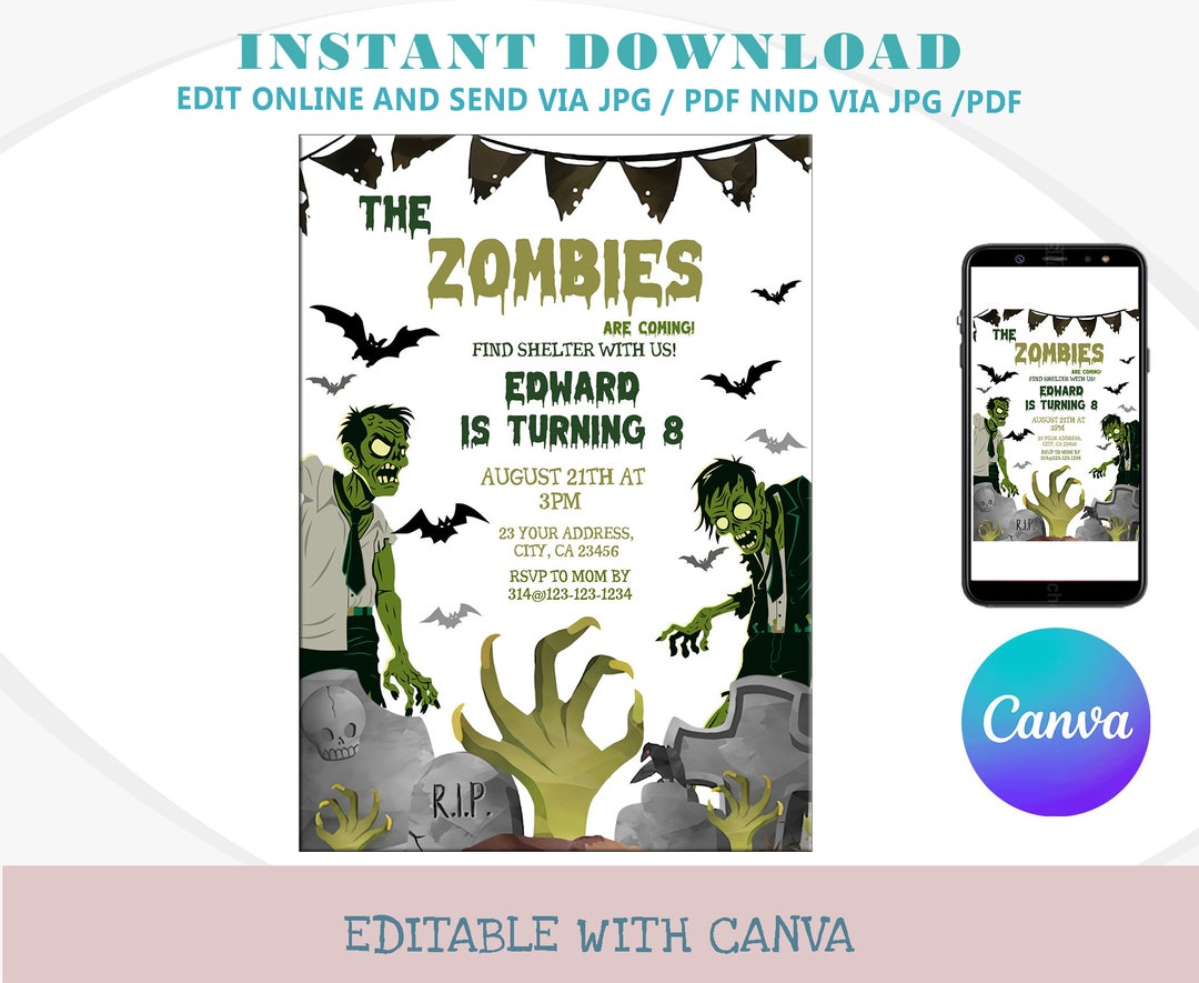 Editable Zombies Invitation, Birthday Invitation, Party Invitation ...