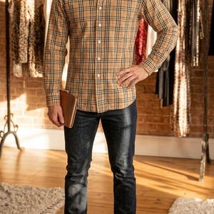 May include: A person wearing a tan plaid shirt, dark blue jeans, and white trainers. The shirt has a classic collar and long sleeves. The person is holding a brown leather notebook. Clothing items are displayed on a rack in the background.