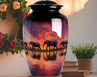 Handmade Elephant Sunset Cremation Urn: Aluminum Memorial Keepsake