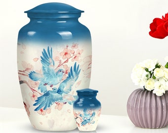 Handcrafted Blue Doves Cremation Urn: Floral Bird Design, Keepsake & Large