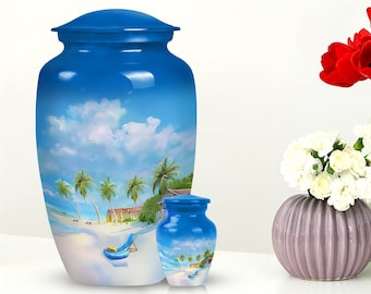Beach Scene Cremation Urn: Tranquil Ocean Design, Keepsake & Large