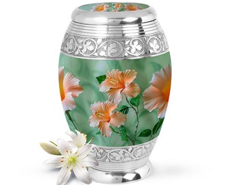 Beautiful Floral Hibiscus Urn for Ashes, Memorial Cremation Urn with Drawstring Bag, Elegant Memorial Keepsake Urn for Loved Ones