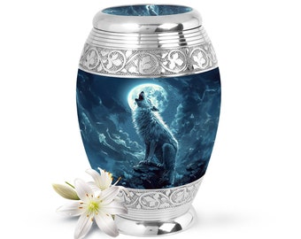 Wolf Design Cremation Urn for Adults: Silver Memorial Urn (3" Keepsake & 10" Large)