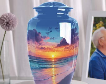 Cremation Urn for Human Ashes Adult Male Female – Large Memorial Urn with Vibrant Ocean Sunset Beach Scene – Funeral Keepsake Urn Display