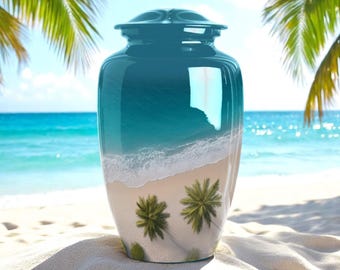 Tropical Beach Cremation Urn: Sunset Palm Tree Memorial, Aluminum