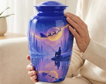 Personalized Christmas Fishing Cremation Urn: Winter Lake Santa Design, Full Size