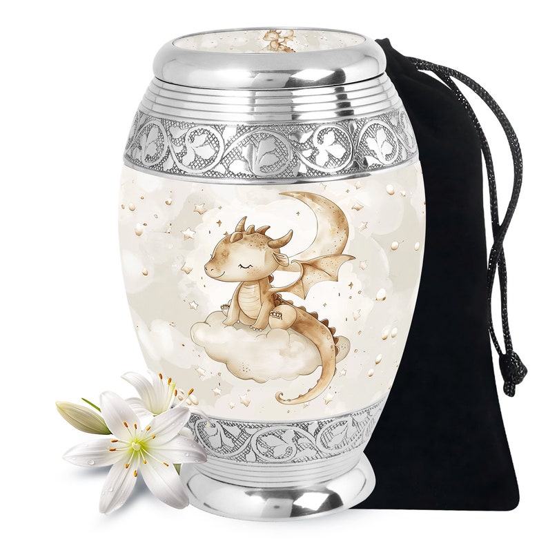 Exquisitely crafted baby dragon urn with elegant silver details, perfect for memorializing loved ones. Customizable cremation urn available in large and keepsake sizes.