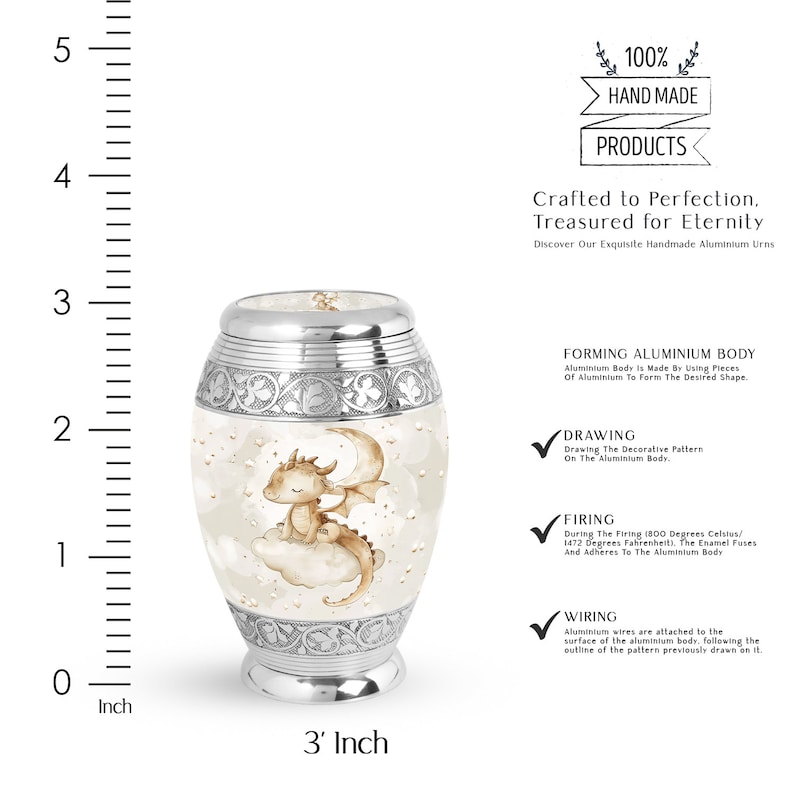 Detailed crafting process of a 3" keepsake baby dragon urn, highlighting handmade quality and aluminum body. Perfect for sharing ashes among family members.