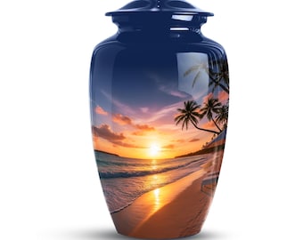 Sunset Beach Cremation Urn for Human Ashes – Palm Tree Ocean Theme Memorial Urn – Decorative Adult Funeral Urn for Ashes , Large Adult Urn