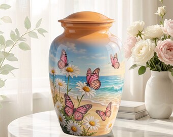 Pink Butterfly Beach Memorial Cremation Urn for Ashes, Personalized Daisy Floral Keepsake Urn, Ocean Tribute, Nature Sympathy Gift