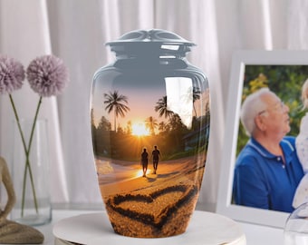 Custom Romantic Sunset Beach Cremation Urn for Ashes – Couple Walking Memorial Urn with Heart in Sand, Keepsake & Large for Mom Grandma
