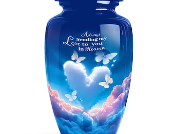Butterfly Urn with Heart Cloud and Sky Theme, Blue Adult Cremation Urn with Heaven Inscription, Memorial Urn for Ashes for Mom or Dad
