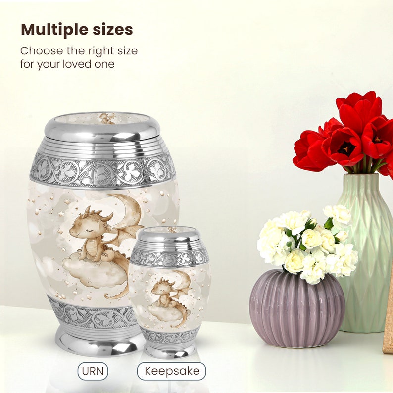 Multiple sizes of baby dragon urns with floral designs, offering a customizable and unique keepsake option for honoring loved ones. Available in large and keepsake sizes.