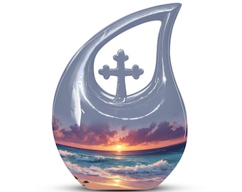 Handcrafted Ocean Sunset Cremation Urn: Aluminum Memorial Urn with Velvet Bag