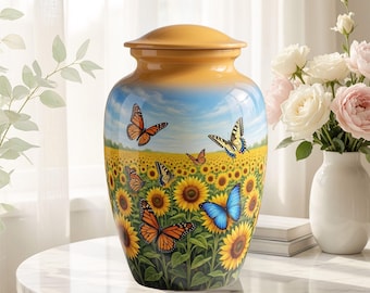 Butterfly Sunflower Memorial Cremation Urn for Ashes, Personalized Nature Keepsake Urn, Colorful Garden Tribute, Floral Sympathy Remembrance