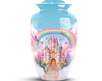 CUSTOM Princess Castle Cremation Urn for Human Ashes – Rainbow Butterfly Urn for Child & Adult – Pink Fairytale Infant Memorial Urn Keepsake
