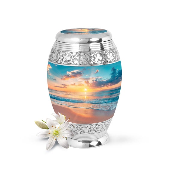 Handcrafted Sunset Beach Theme Cremation Urn for Ashes, Ocean Urn, Beautiful Memorial Urn, Funeral Keepsake & Large Urn Adult Men Women