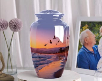 Beach Sunset Cremation Urn: Birds in Flight, Aluminum Funeral Keepsake