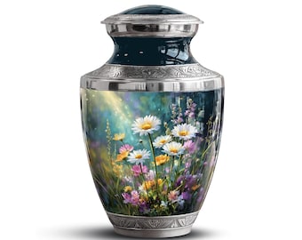 White Daisy Cremation Urn for Adult Human Ashes - Large Female Memorial Urn - 10 Inch Funeral Urn - Handcrafted Urn for Mother, Sister, Wife