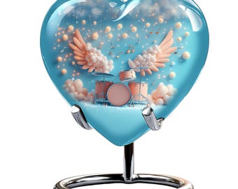 Heart Shaped Drummer Urn with Angel Wings and Drum Set, Music Lover Cremation Keepsake, Unique Memorial Urn for Musicians and Drummers