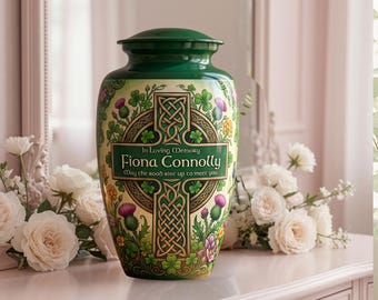 Celtic Cross Memorial Cremation Urn for Ashes, Personalized Irish Keepsake Urn, Shamrock Floral Tribute, Green Religious Sympathy Gift