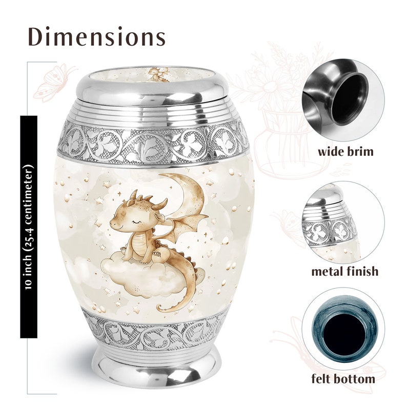 Detailed dimensions of a handmade baby dragon urn with a metal finish and felt bottom, ideal for holding ashes. High-quality memorial urn with wide brim for easy use.