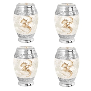 Set of four baby dragon urns with matching designs, providing a beautiful and cohesive way to honor multiple family members. High-quality and customizable cremation urns.