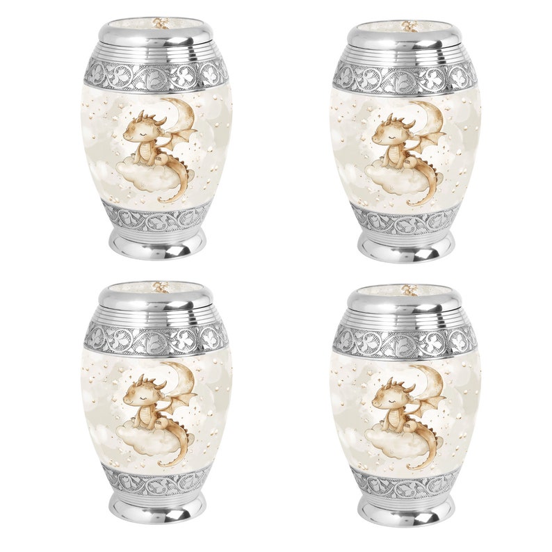 Set of four baby dragon urns with matching designs, providing a beautiful and cohesive way to honor multiple family members. High-quality and customizable cremation urns.