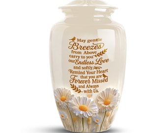 Daisy Flower Cremation Urn for Human Ashes Adult – Memorial Urn with Sentimental Quote – White Ceramic Funeral Urn for Loved One Loss
