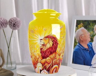 Lion Cremation Urn for Human Ashes Adult Size – Hand Painted Yellow Urn with Majestic Lion Design for Funeral Memorial or Keepsake Use