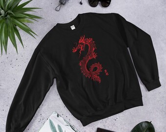 Japanese Dragon Tattoo Style Sweatshirt - Japanese Graphic Sweatshirt, Red Dragon Sweatshirt, Tattoo Art Outfit