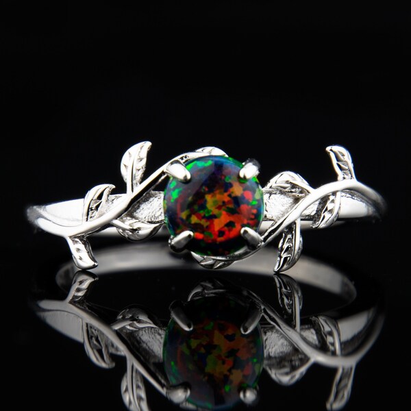 Black Fire Opal Silver Leaf Branch Ring | Nature Inspired | 925 Sterling Silver | Opal Engagement Wedding Ring For Her | Opal Twig Ring