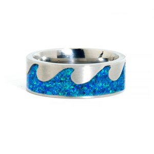 Ocean Waves Blue Opal Titanium Ring | Opal Wedding Band | Band Promise Ring | Opal Gift | Opal Inlay Ring | Surfer | Wave Ring Men