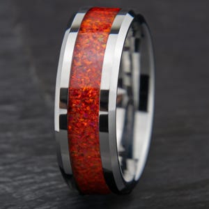 Ruby Red Opal Tungsten Ring | Women Men Wedding Band | Opal Promise Ring | Gift for Her | Anniversary | Engagement Ring | 4mm 8mm