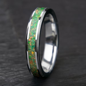 Olive Green Opal and Tungsten Band Ring | Opal Wedding Band | Lab Grown Opal Ring | Band Promise Ring | Opal Gift | Anniversary Jewelry |