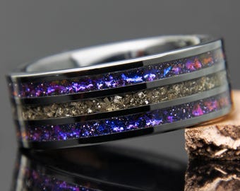 Galaxy And Meteorite Ring | Cosmos Inspired | Black Ceramic Wedding Band | Blue Sandstone | Three Channel | Promise Ring | Men Women | 8mm